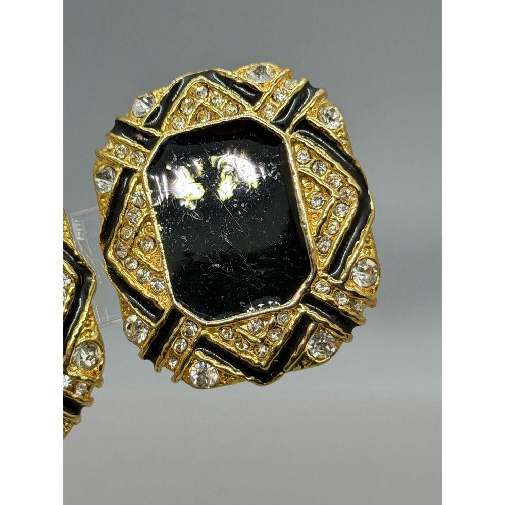 Vintage Gold‎ Tone Black Enamel Center Clear Rhinestone Panel Design Clip On - Picture 11 of 11